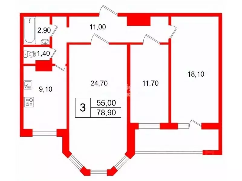 3-к кв. Санкт-Петербург просп. Энгельса, 134к1 (78.9 м) - Фото 1