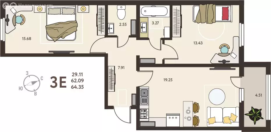 2-комнатная квартира: Курск, микрорайон Курского Завода Тракторных ... - Фото 0