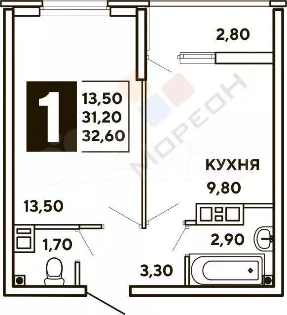 1-к. квартира, 31,2 м, 2/16 эт. - Фото 0