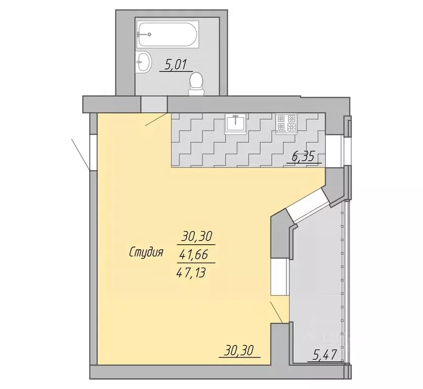 Студия Тверская область, Тверь Озерная ул. (47.13 м) - Фото 1