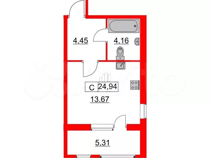 Квартира-студия, 24,9 м, 3/9 эт. - Фото 0