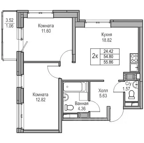 2-к кв. Санкт-Петербург ул. Ивинская, 1к3 (55.86 м) - Фото 1