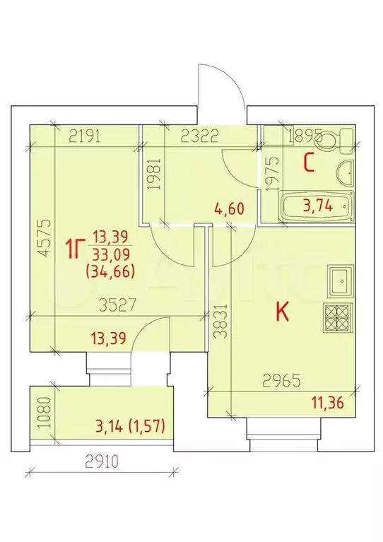 1-к. квартира, 34,7м, 12/12эт. - Фото 1