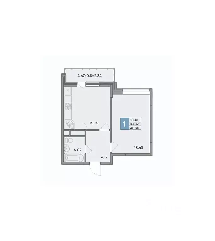 1-к кв. Краснодарский край, Краснодар ул. Шоссе Нефтяников, 26 (46.66 ... - Фото 1