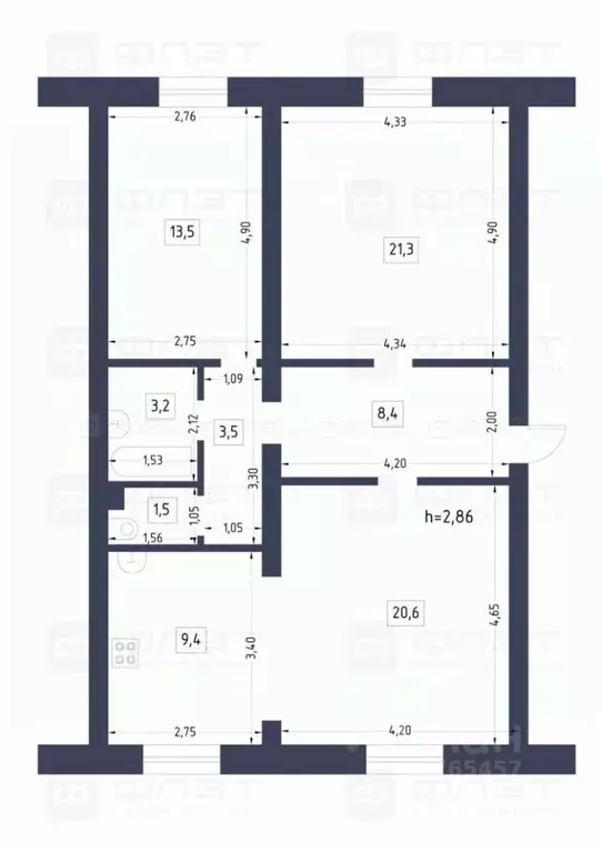 3-к кв. Татарстан, Казань Военный городок-2 тер., 89 (81.4 м) - Фото 1
