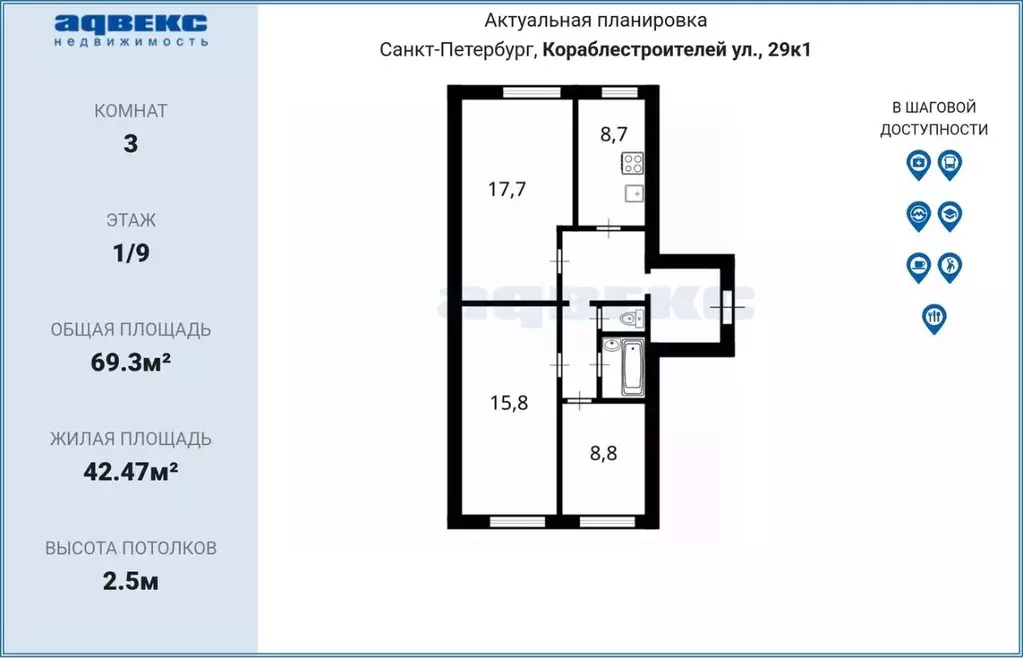 3-к кв. Санкт-Петербург ул. Кораблестроителей, 29К1 (69.3 м) - Фото 2