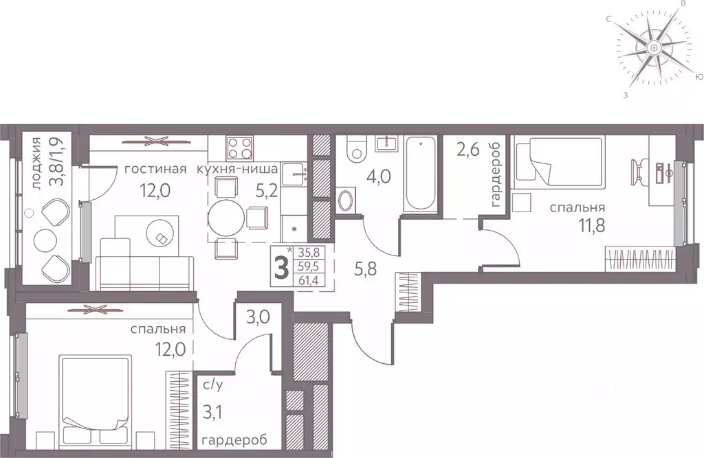 Студия Пермский край, Пермь ул. Серебристая, 3 (61.4 м) - Фото 1