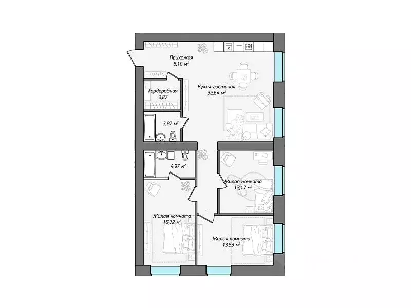 4-к кв. Чувашия, Чебоксары ул. Фридриха Энгельса, поз7 (97.0 м) - Фото 1