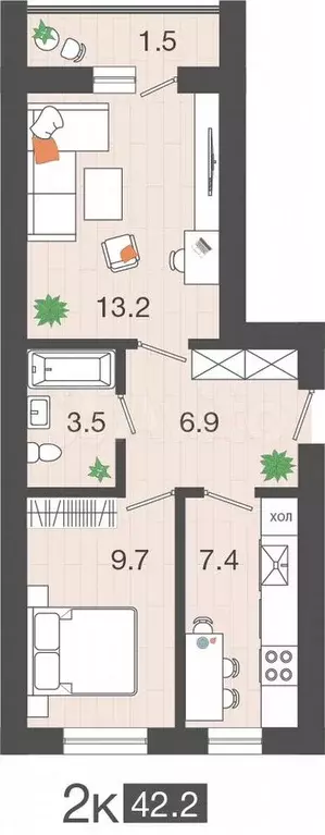 2-к. квартира, 42,2 м, 1/4 эт. - Фото 1