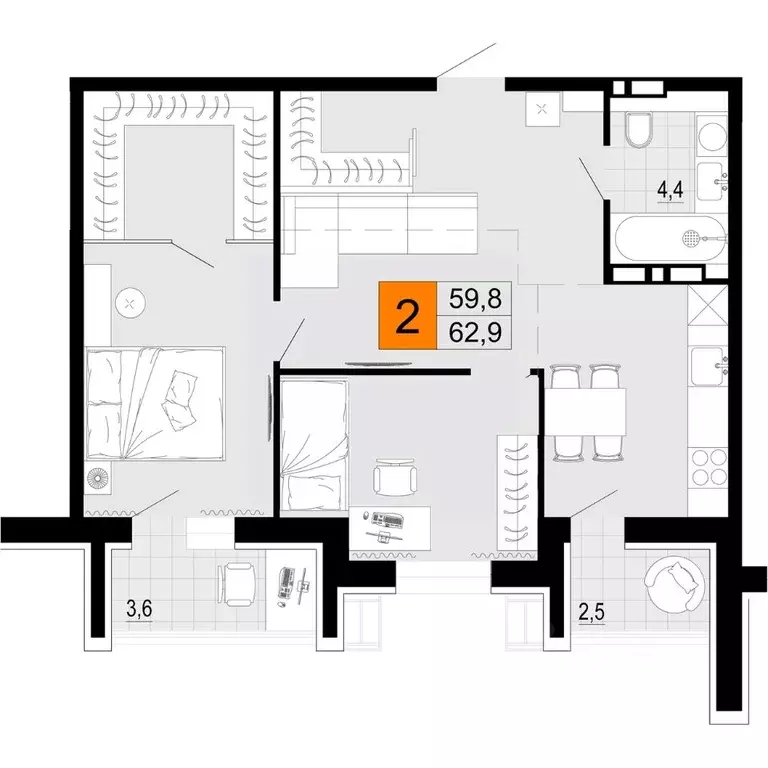 2-к кв. Приморский край, Уссурийск Горизонты жилой комплекс (62.9 м) - Фото 1