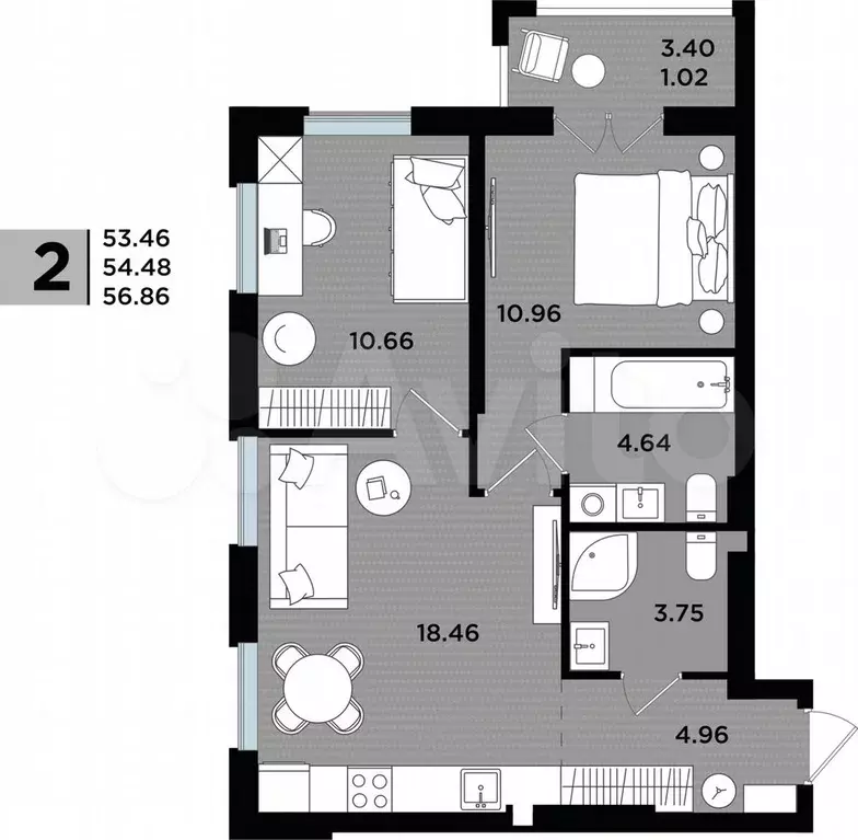 2-к. квартира, 56,9 м, 3/5 эт. - Фото 1