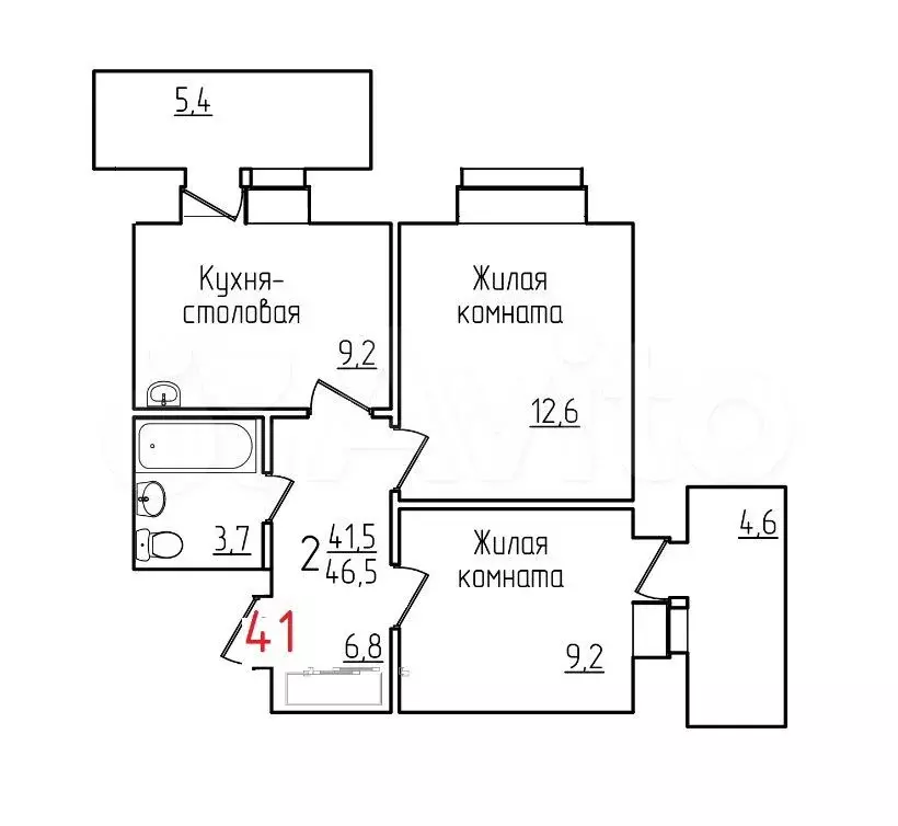 2-к. квартира, 46,5 м, 9/12 эт. - Фото 0