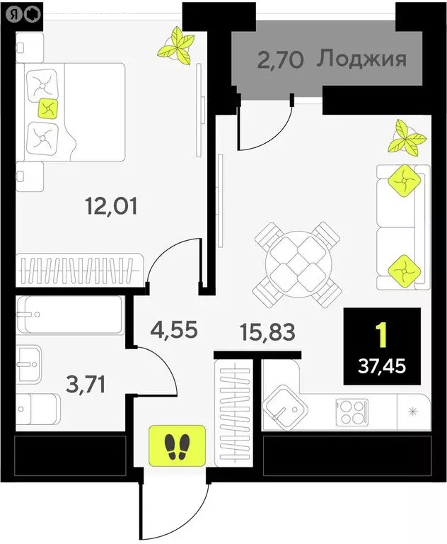 1-комнатная квартира: Тюмень, жилой комплекс Мотивы (37.45 м) - Фото 0