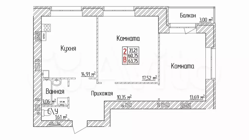 2-к. квартира, 63,8 м, 1/6 эт. - Фото 0