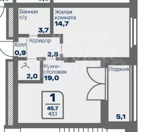 1-к. квартира, 43,1 м, 5/16 эт. - Фото 1