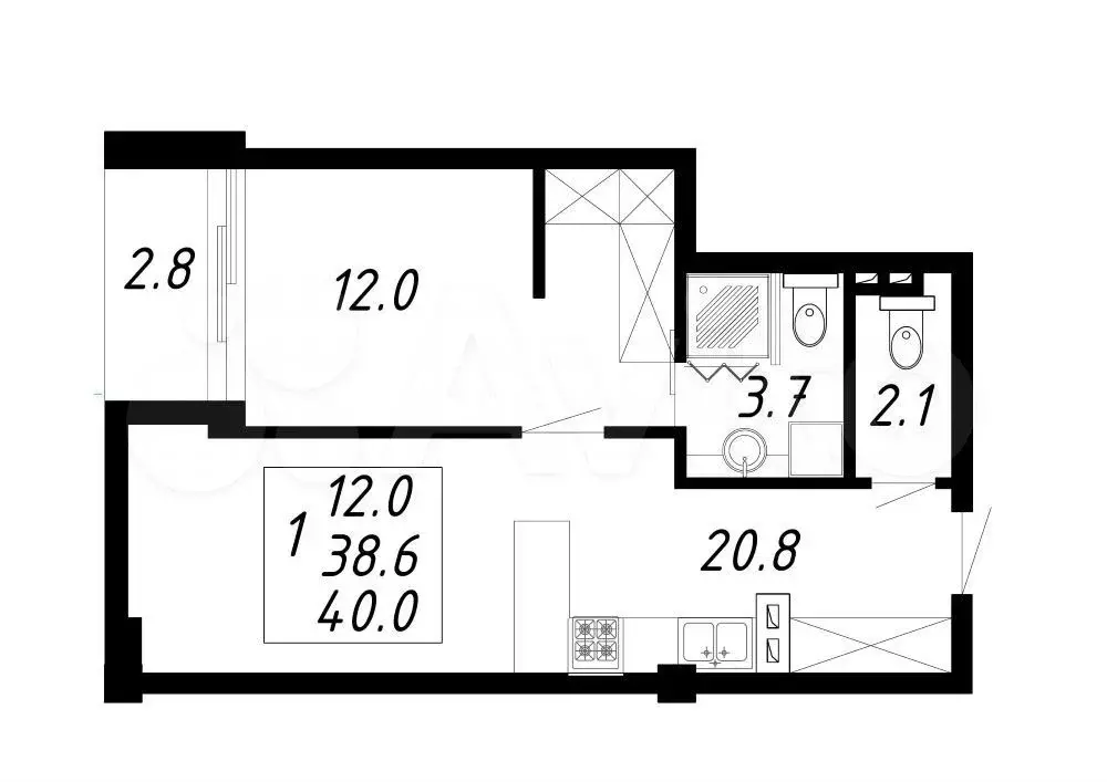 1-к. квартира, 40 м, 2/8 эт. - Фото 0