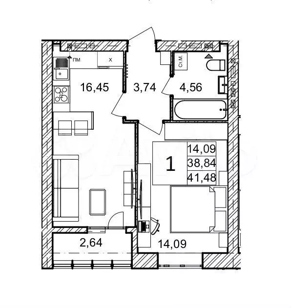 1-к. квартира, 41,5 м, 1/9 эт. - Фото 1