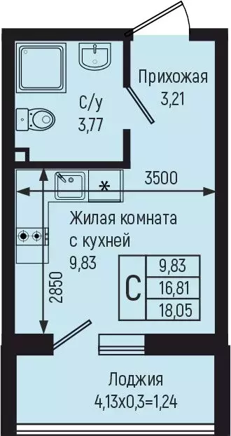 Квартира-студия: село Небуг, квартал Спортивный (18.05 м) - Фото 0