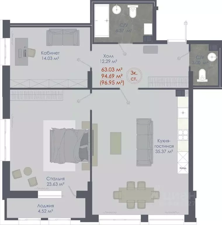 3-к кв. Воронежская область, Воронеж ул. Любы Шевцовой, 31 (97.45 м) - Фото 1