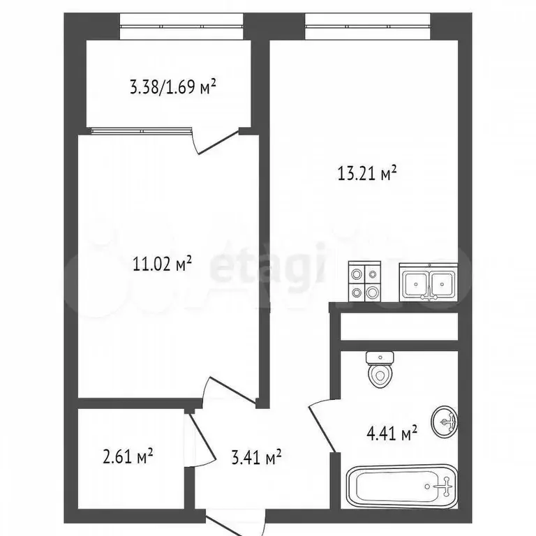 1-к. квартира, 44,3 м, 2/4 эт. - Фото 0