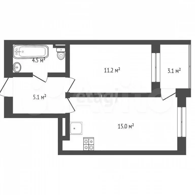 1-к. квартира, 38,9 м, 4/4 эт. - Фото 0