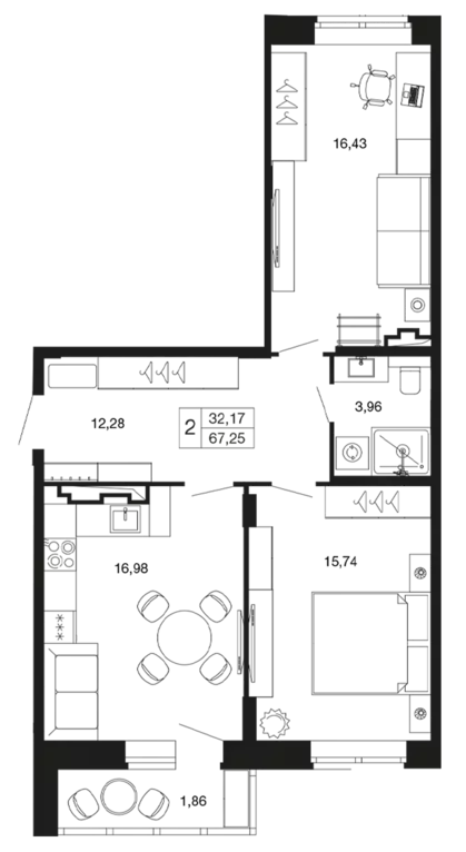 2-к квартира, 67.25 м - Фото 0