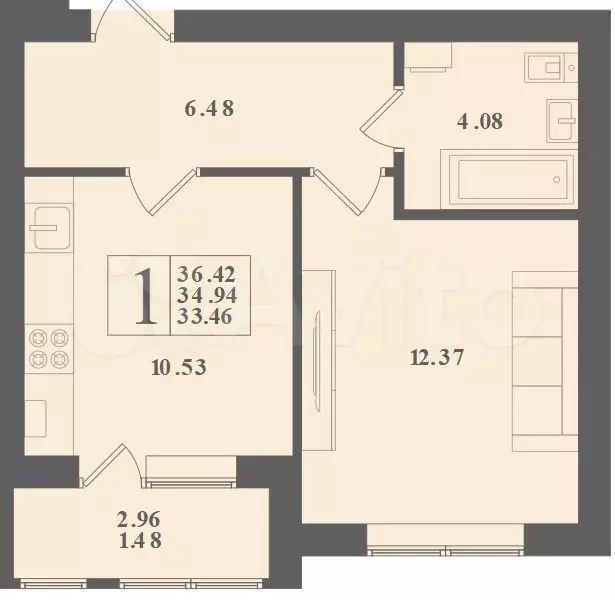 1-к. квартира, 36,4 м, 1/4 эт. - Фото 1