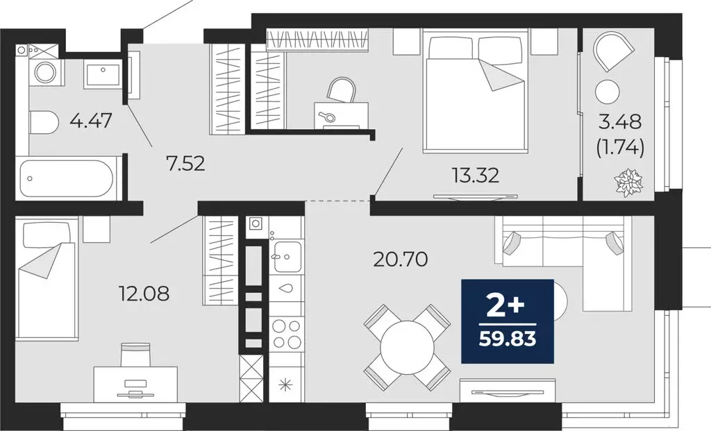 2-комнатная квартира: Тюмень, Арктическая улица, 12 (61.57 м) - Фото 1