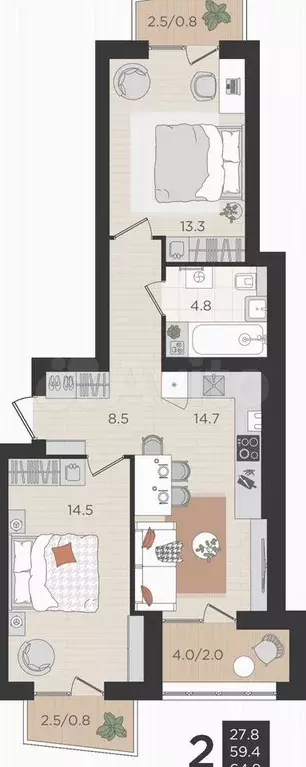 2-к. квартира, 59,4 м, 2/4 эт. - Фото 0