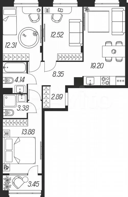 3-к. квартира, 80,1 м, 2/9 эт. - Фото 1