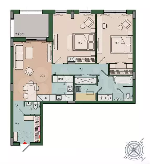 2-к. квартира, 91 м, 9/12 эт. - Фото 1