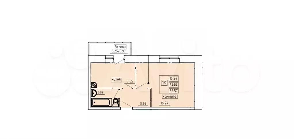 1-к. квартира, 32,6 м, 4/6 эт. - Фото 0