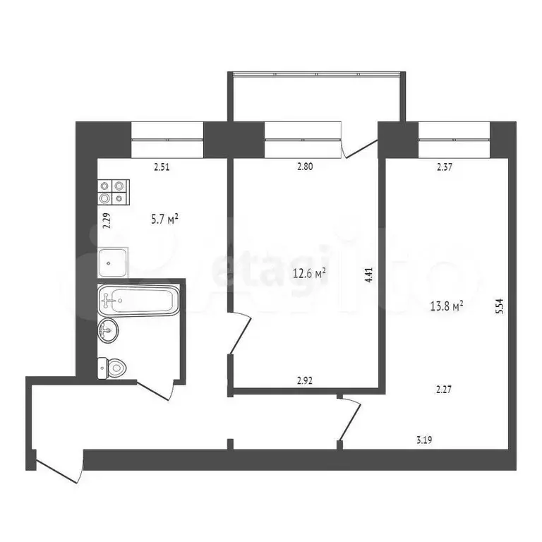 2-к. квартира, 43,6 м, 2/3 эт. - Фото 0