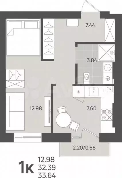 1-к. квартира, 32,5 м, 3/3 эт. - Фото 1