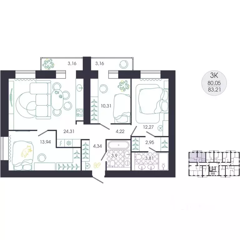 3-к кв. Пензенская область, Пенза Колышлейская ул., 7 (85.64 м) - Фото 2