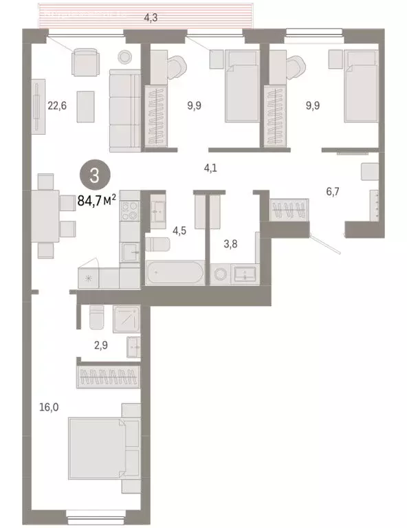 3-комнатная квартира: Новосибирск, квартал Лебедевский (84.7 м) - Фото 1