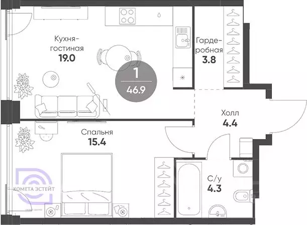 2-к кв. Москва наб. Марка Шагала, 11к3 (46.9 м) - Фото 1