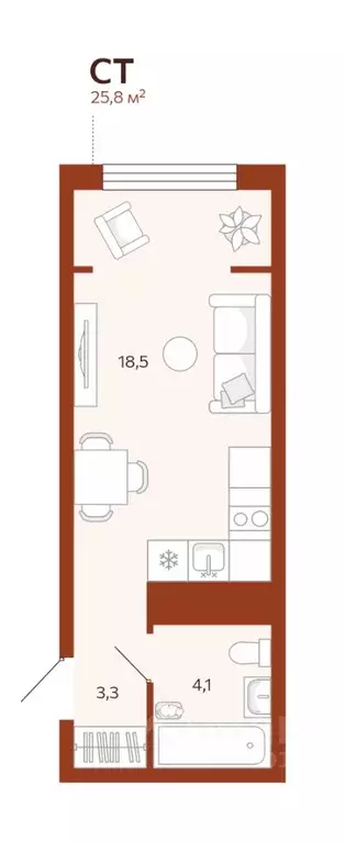 Студия Тюменская область, Тюмень ул. Новаторов, 30 (25.8 м) - Фото 1