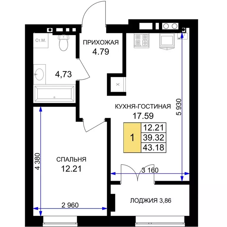 1-комнатная квартира: Гурьевск, жилой комплекс Включи (43.18 м) - Фото 0