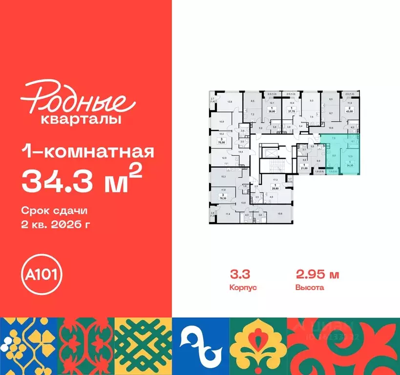 1-к кв. Москва Родные кварталы жилой комплекс, 3.3 (34.3 м) - Фото 1