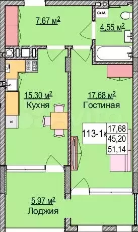 1-к. квартира, 52,5 м, 5/6 эт. - Фото 1