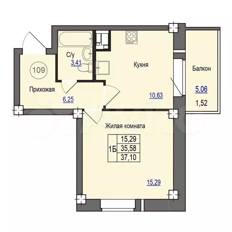 1-к. квартира, 37,1 м, 6/9 эт. - Фото 0