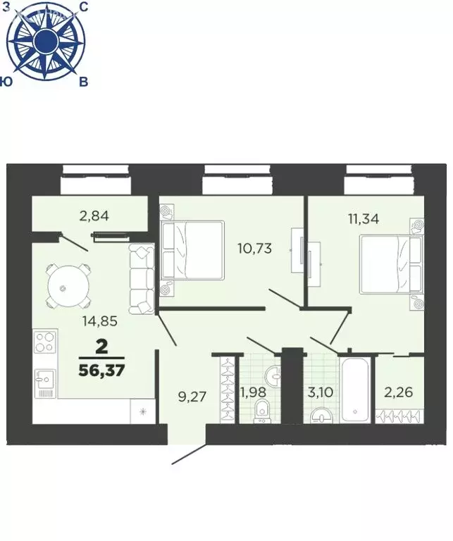 2-комнатная квартира: Семчино, Семчинская улица, 8 (56.37 м) - Фото 0