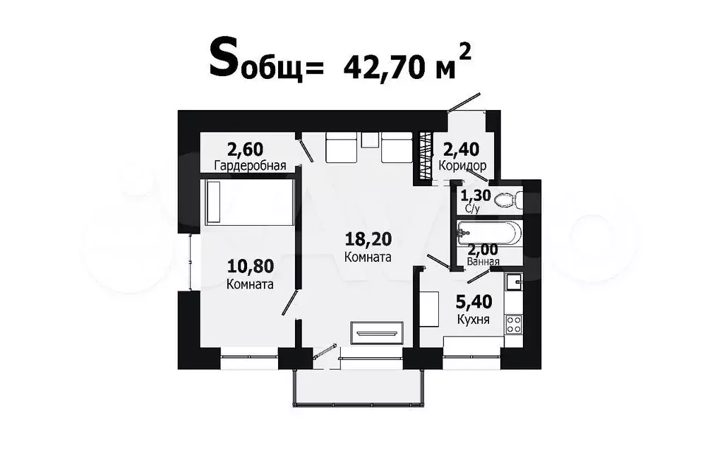 2-к. квартира, 43,5 м, 4/5 эт. - Фото 0