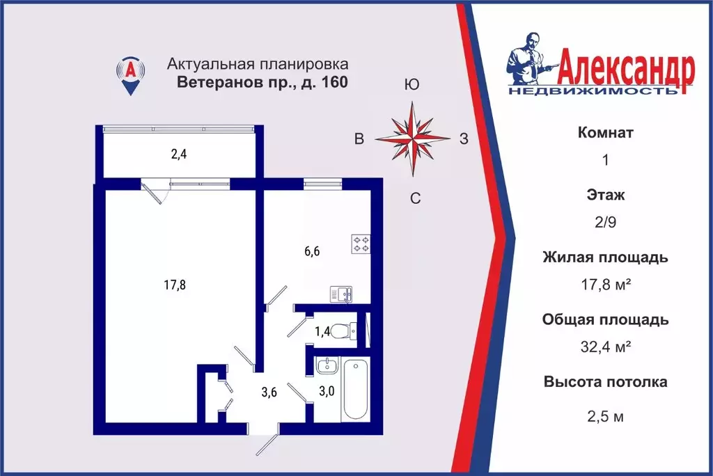 1-к кв. Санкт-Петербург просп. Ветеранов, 160 (32.4 м) - Фото 1