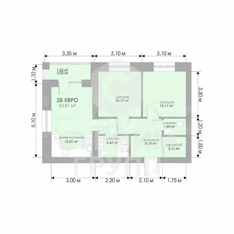 2-к. квартира, 53,8 м, 3/3 эт. - Фото 1