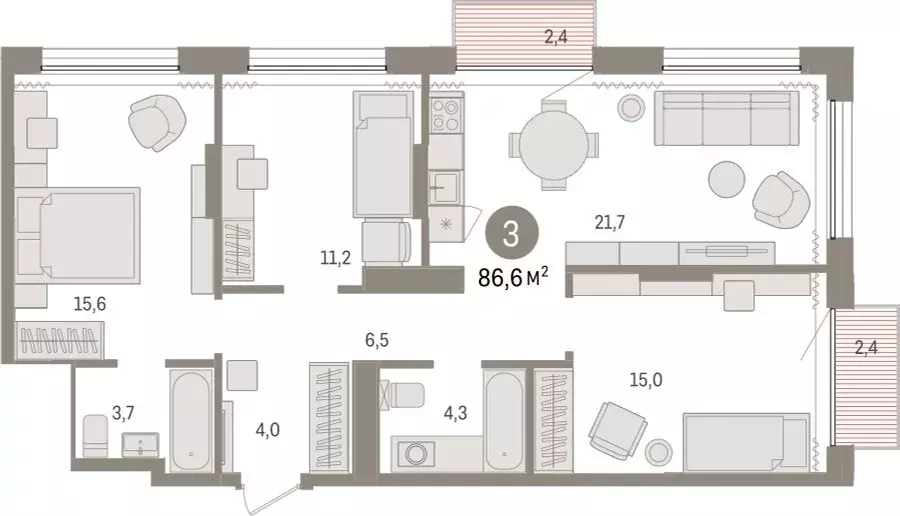 3-комнатная квартира: Тюмень, Краснооктябрьская улица, 4к3 (86.63 м) - Фото 0