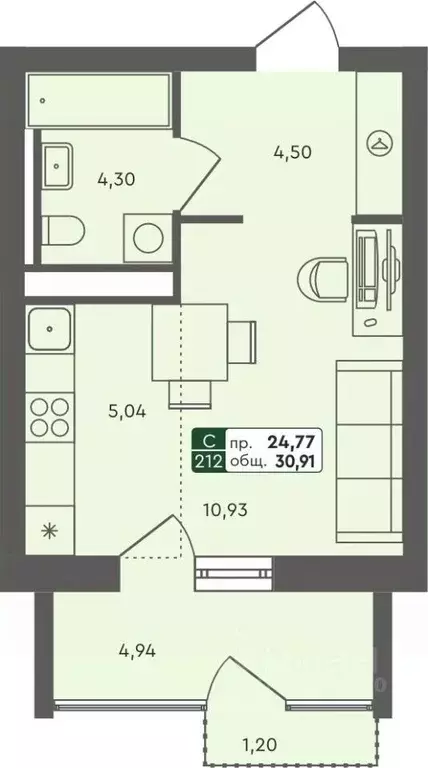 1-к кв. Омская область, Омск Красноярский тракт (30.91 м) - Фото 0