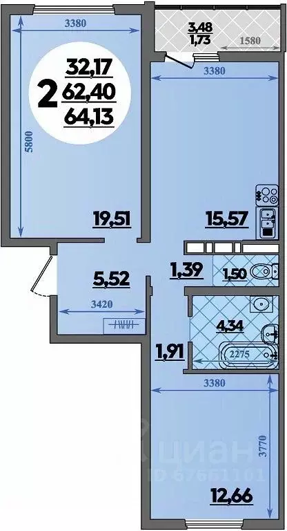 2-к кв. Адыгея, Майкоп ул. Михайлова, 7 (64.13 м) - Фото 1