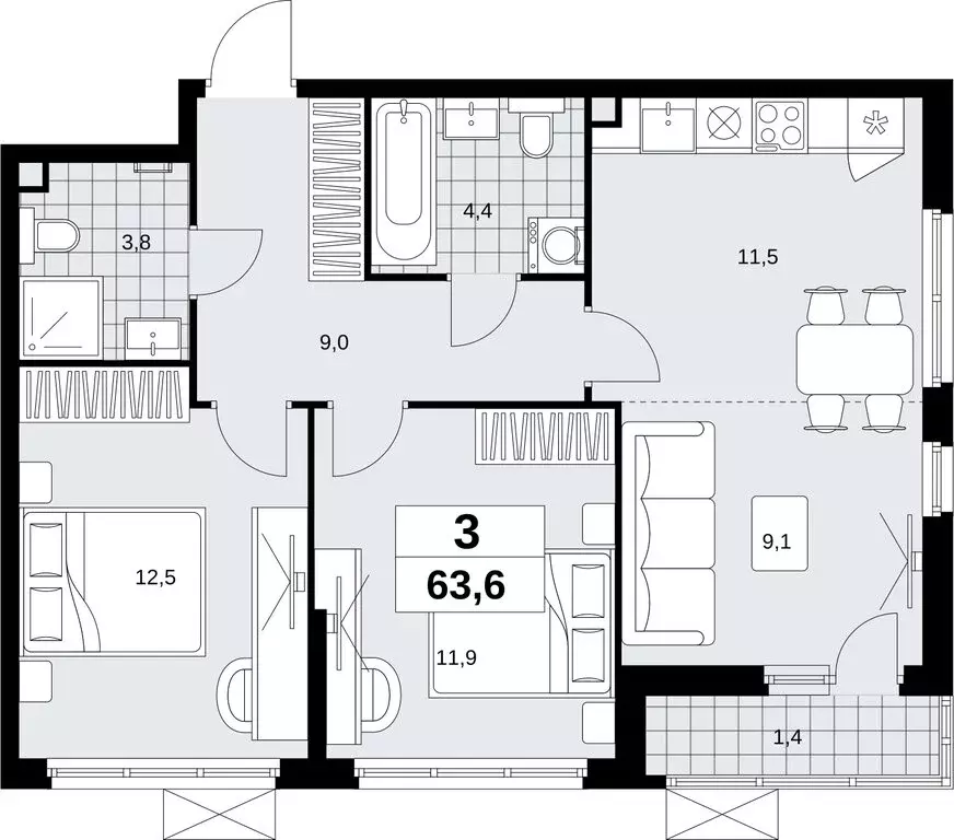 3-комнатная квартира: жилой комплекс Скандинавия, 18.2.2 (63.6 м) - Фото 0